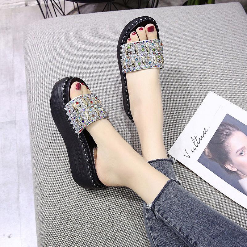 6cm High-heeled Rhinestone Slippers Women Summer Wear All-match Rivets Thick-soled One-word Drag High-heeled Shoes Crystal Sequins