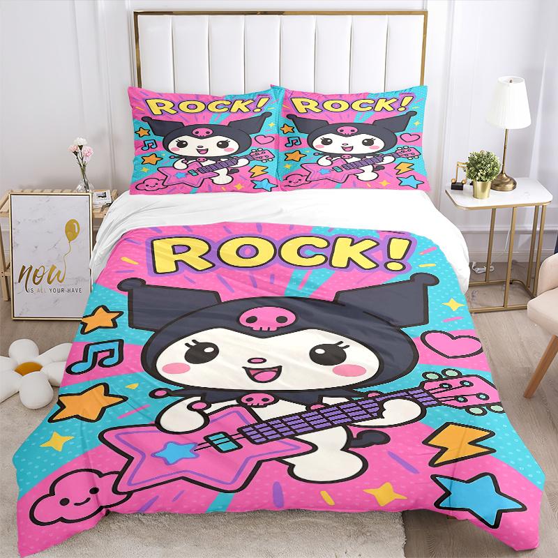 3pcs Rock Star Kuromi Bedding Set - Includes Quilt Cover and Pillowcases, Suitable for All Seasons, Machine Washable - Ideal Gift for Family
