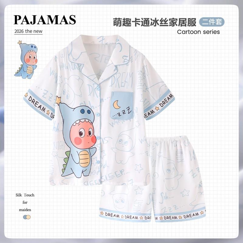 Boys Lightweight Ice Silk Pajama Set Short Sleeve Sleepwear Kids 3-8 Years Cartoon Print Two-Piece Home Wear