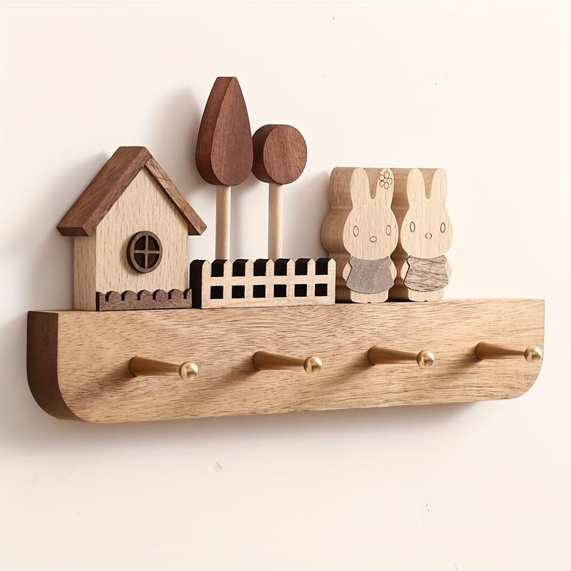 A Handmade Wooden Key Hook Set with a Cute Rabbit Statue - Wall-mounted, Polished and Stylish, Perfect for Your Entrance