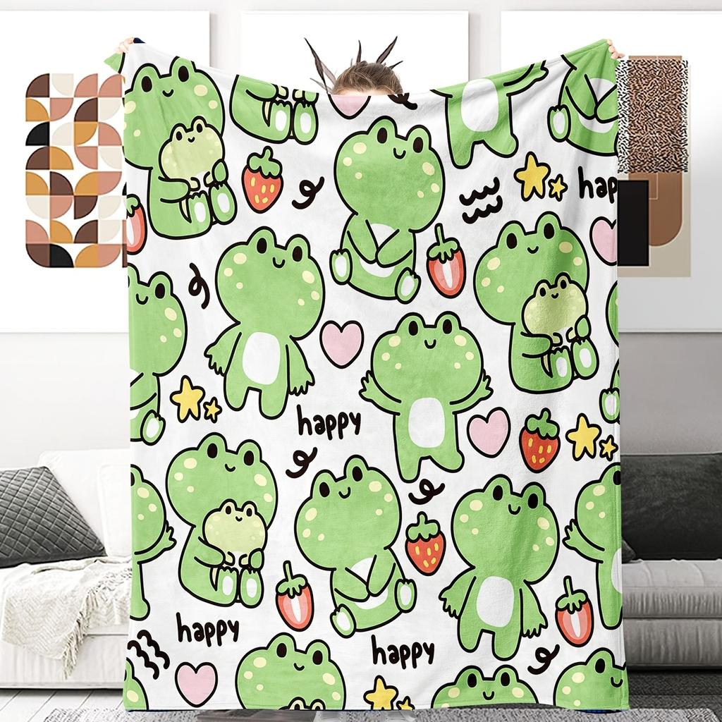 Cute Frog Pattern Blanket, Kawaii Animal Print Throw for Sofa Bed, Soft Fleece Decor Gift for Kids & Teens multiple sizes