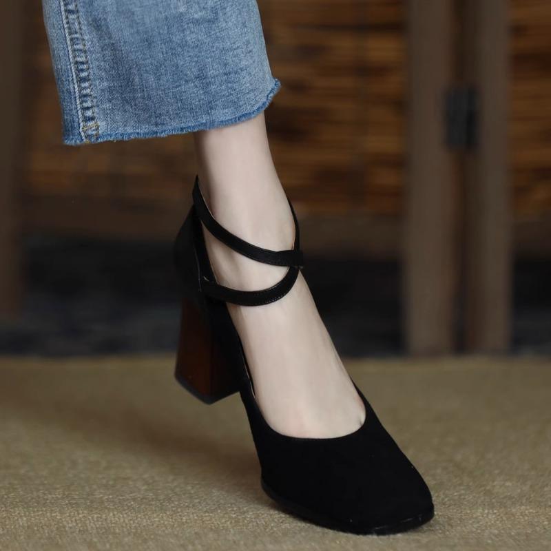 Модные женские туфли на толстом каблуке, осенние, новые, квадратные, с неглубоким носком, замшевые, темпераментные, высокие каблуки