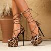 Уличный Стиль Леопардовый Принт Пип-То Женские Сандалии Элегантные Гладиаторские Тонкий Высокий Каблук Шнуровка на Щиколотке Банкетные Туфли для Платья