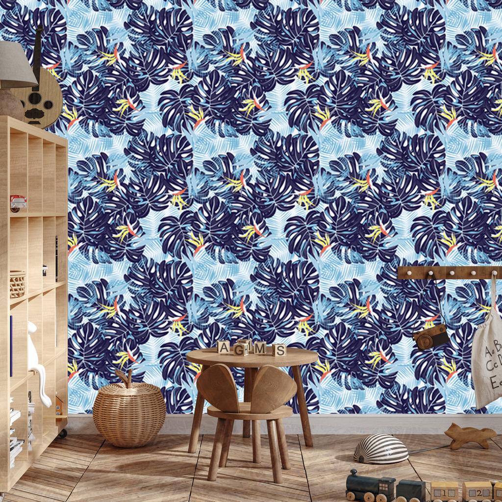Leaves wallpaper in shades of blue for living room and bedroom 50x1000