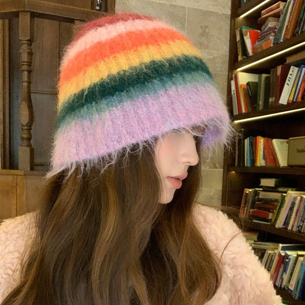 Autumn Winter Colored Woolen Hat Korean Women Beanie Hat Trendy Y2k Striped Hat  Female