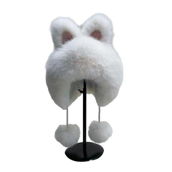 Winter Hat Faux Fur Ear Protective Cap Fox Ear Decor Soft Plush Lined Windproof Warm Winter Headwear