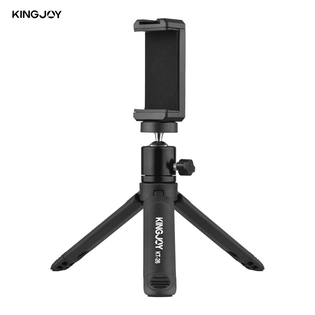 KINGJOY KT-26 Mini Desktop Tripod Rotatable Ball Head with Extendable Cold Shoe Phone Clip 1/4 Inch