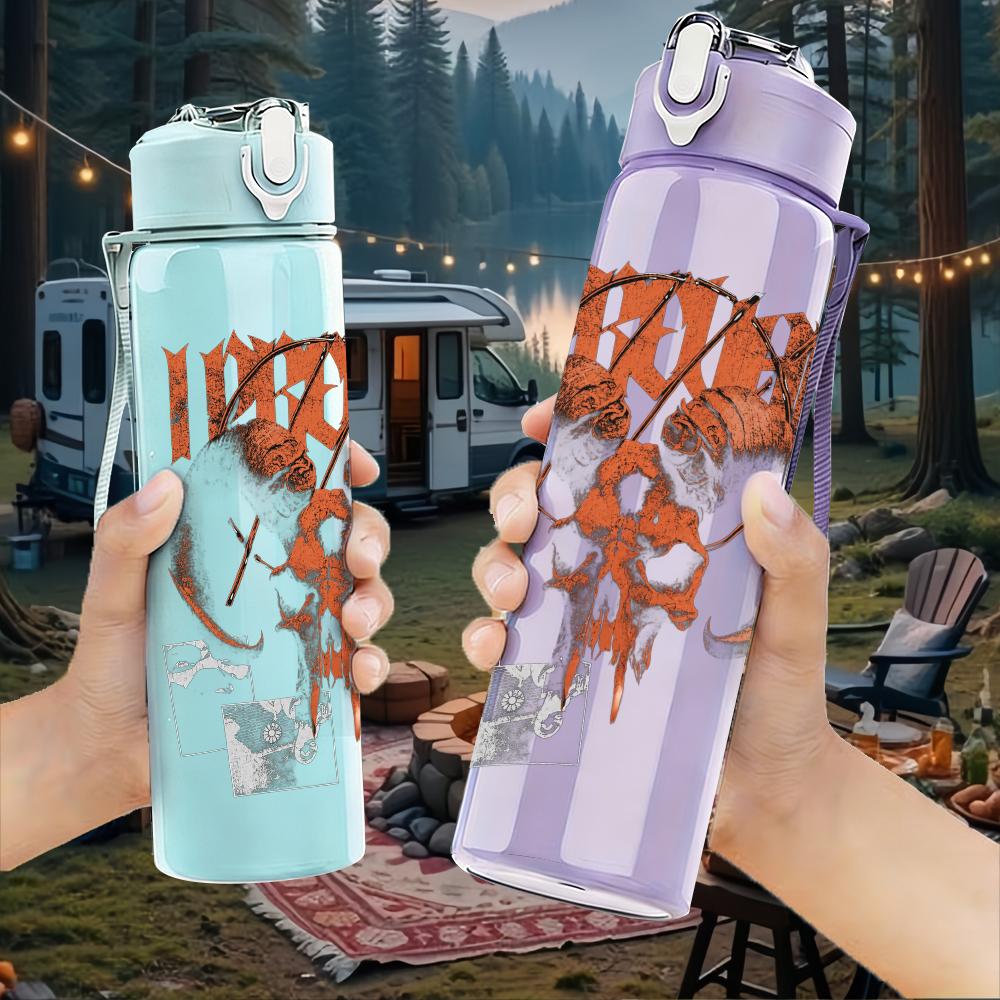 1PC Ornate Orange Skull Western Retro Print 750ml Portable Sports Water Bottle Leakproof Gym Outdoor Travel Drink Cup