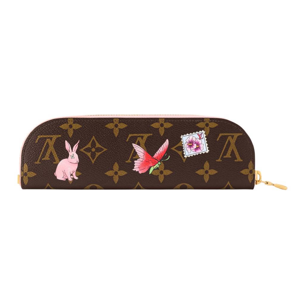 Louis Vuitton Корея Лимитированная Традиционная Цветочная Иллюстрация Золотые Металлические Аксессуары Монограмма Покрытый Холст Клатч Женский клатч Коричневый Светло-Розовый GI1504