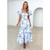 Spring/summer New Temperament Slim-fit Print Puffed Sleeves Swing High-end Dress Woman Vacation Style Beach Style