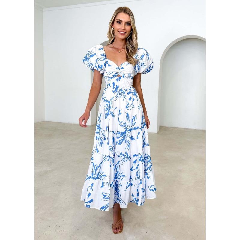 Spring/summer New Temperament Slim-fit Print Puffed Sleeves Swing High-end Dress Woman Vacation Style Beach Style