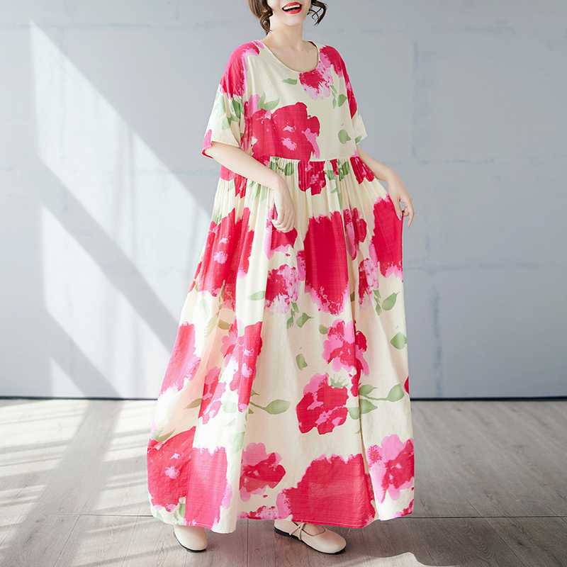 Простая и модная длинная юбка, летнее платье с короткими рукавами и круглым вырезом с принтом