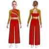 Girls Dance Two Piece Set Mock Neck Long Sleeved Sequins Cutout Back Crop Top with Chiffon Pants