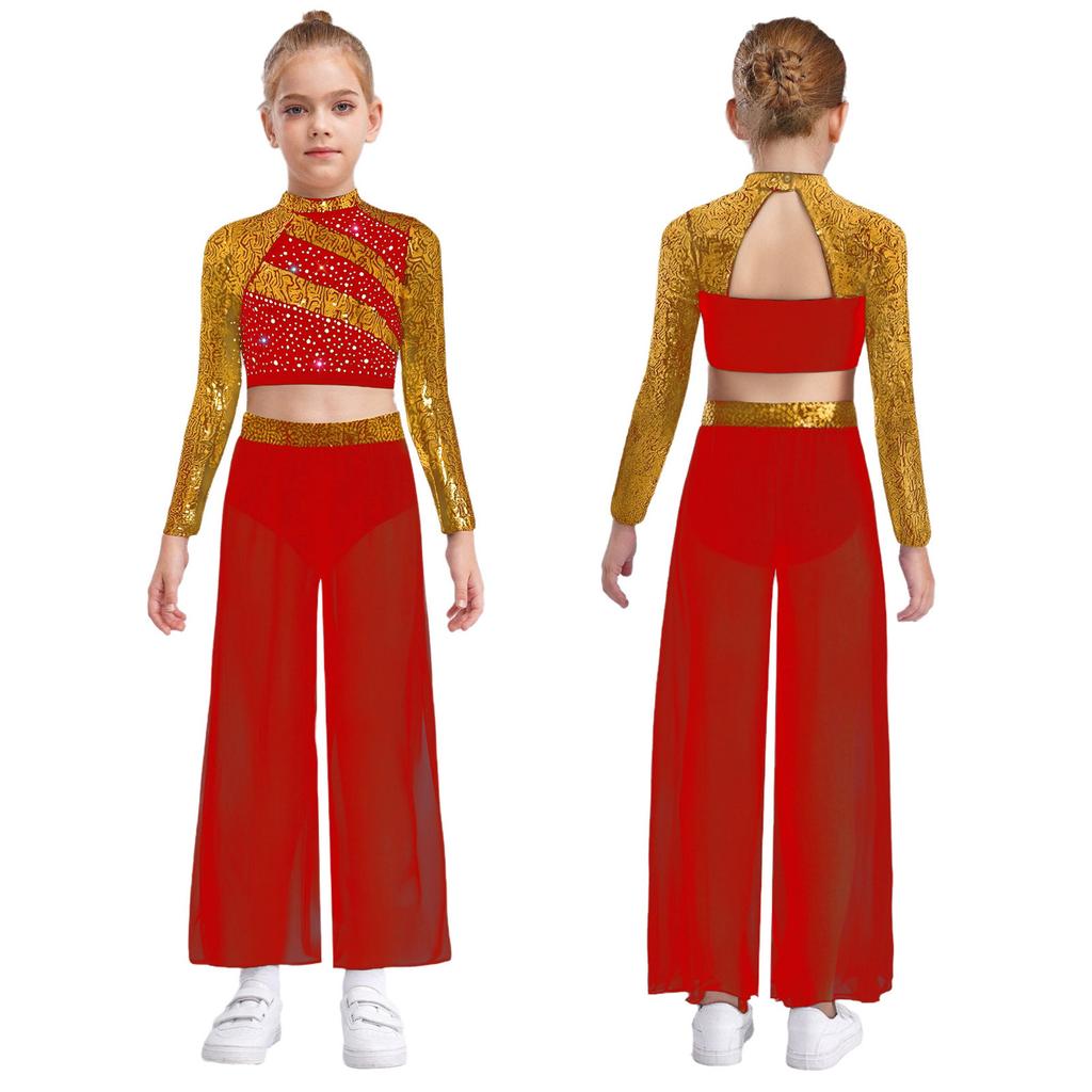 Girls Dance Two Piece Set Mock Neck Long Sleeved Sequins Cutout Back Crop Top with Chiffon Pants