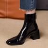 Patent Leather Square Heel Short Boots Women's British High Heel Martin Boots Black Rear Zipper and Ankle Boots