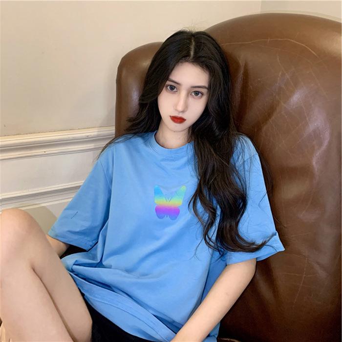 New Summer Internet Celebrity Couple Outfit Reflective Butterfly Short-sleeved T-shirt for Women Short Student Top