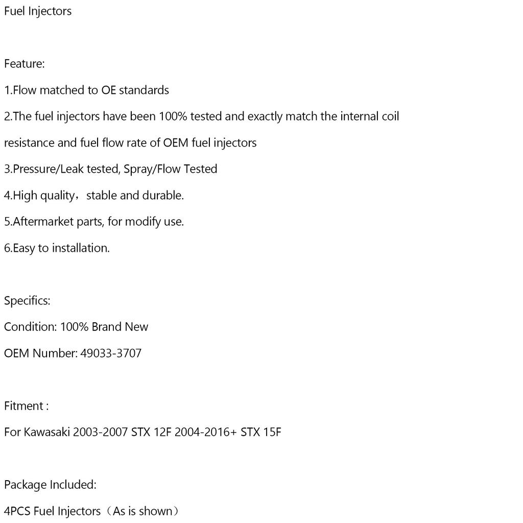 4PCS 49033-3707 Fuel Injectors For Kawasaki 2003-2007 STX 12F 2004-2016+ STX 15F