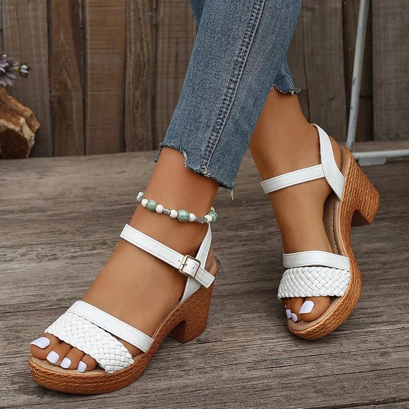 Fashion Women's Braided Chunky Heel Sandals Summer 2025 Ankle Strap Platform Gladiator Sandals Woman Fashion Woven High Heeled Sandalias