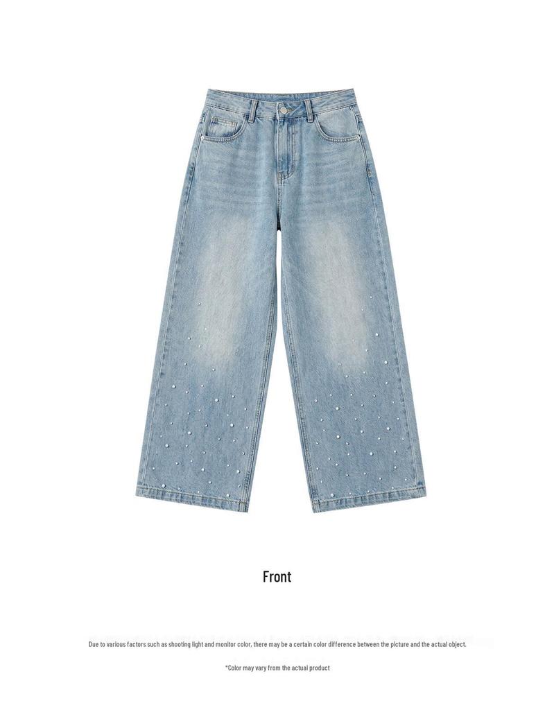 Summer Rhinestone Girls' Wide-Leg Jeans: Loose, Versatile, Straight-Leg Long Pants