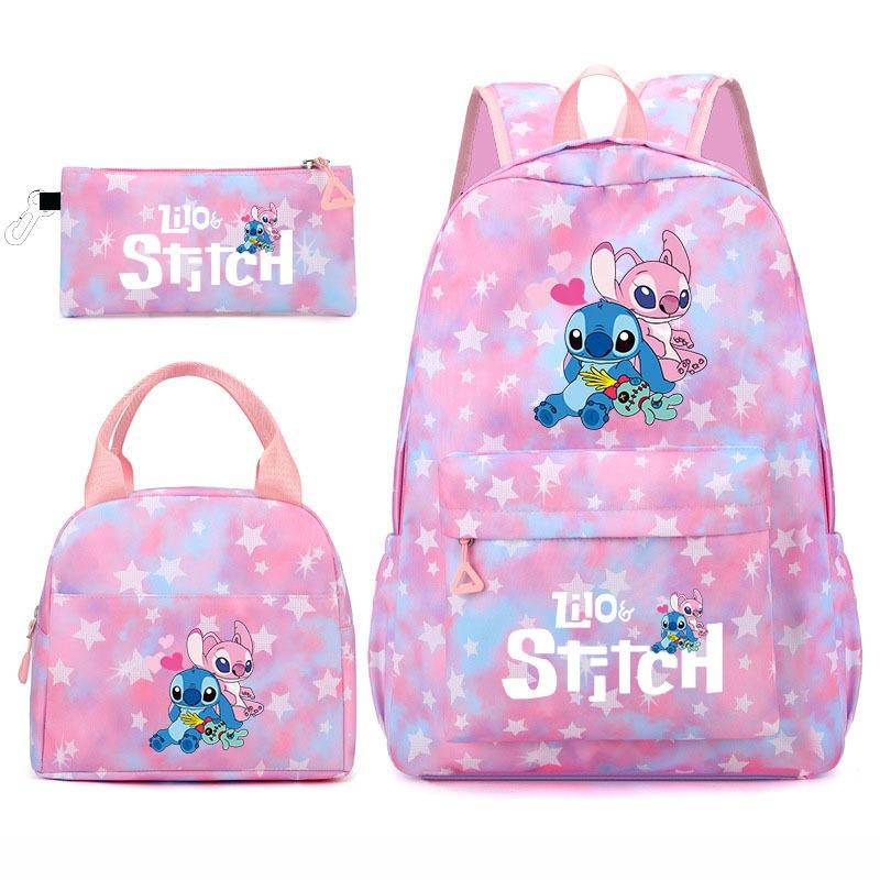 Stitch Student 3-Piece Backpack Set Large Capacity Double Shoulder Bag Cute Cartoon Unisex Durable Waterproof