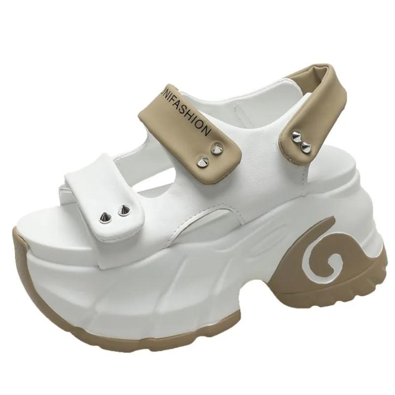 Модные женские босоножки на толстой платформе для отдыха с открытым носком на высоком каблуке, новые гладиаторские тапочки, женские модные летние кожаные пляжные сандалии 8,5 см