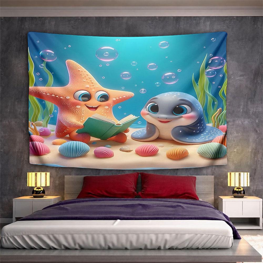 "Starfish and Seal Reading Together" Pattern Wall Hanging Tapestry Decorative Tapestry Home Decor for Bedroom and Living Room