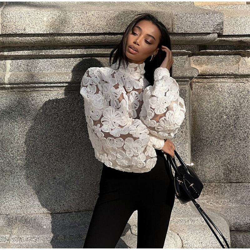 High Neck Stereo Flower Shirt Lace Hollow Out Top Perspective Organza Long Sleeved Trendy French Blouse Smock Women