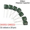 620pcs/set 31 Values Polyester Capacitor Assorted Kit, 100V 2A102J~2A822J Set of Capacitors Set 2A102J 2A104J 2A123J