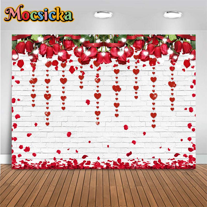 Mocsicka Rose Brick Wall Backdrop Photography Valentine's Day Red Flower Background Decoration Props Girl Photo Studio Photozone