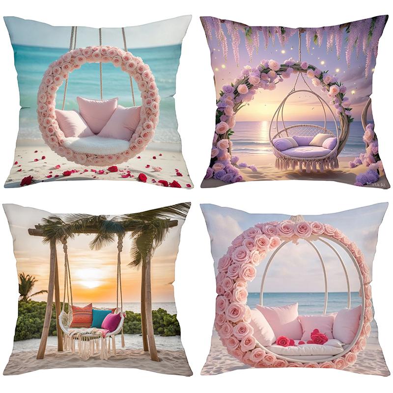 Цветочные подушки для качелей, дизайн «Закат на пляже с глицинией», полиэстеровая наволочка, декоративная подушка для дивана, подушка для изголовья
