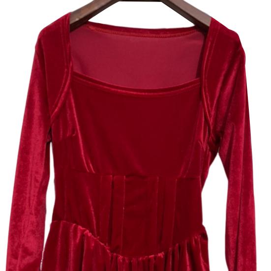 Women Dress Square Neck Pleated A-line Long Sleeves Pleated Slim Waist Velvet Mini Dress Prom