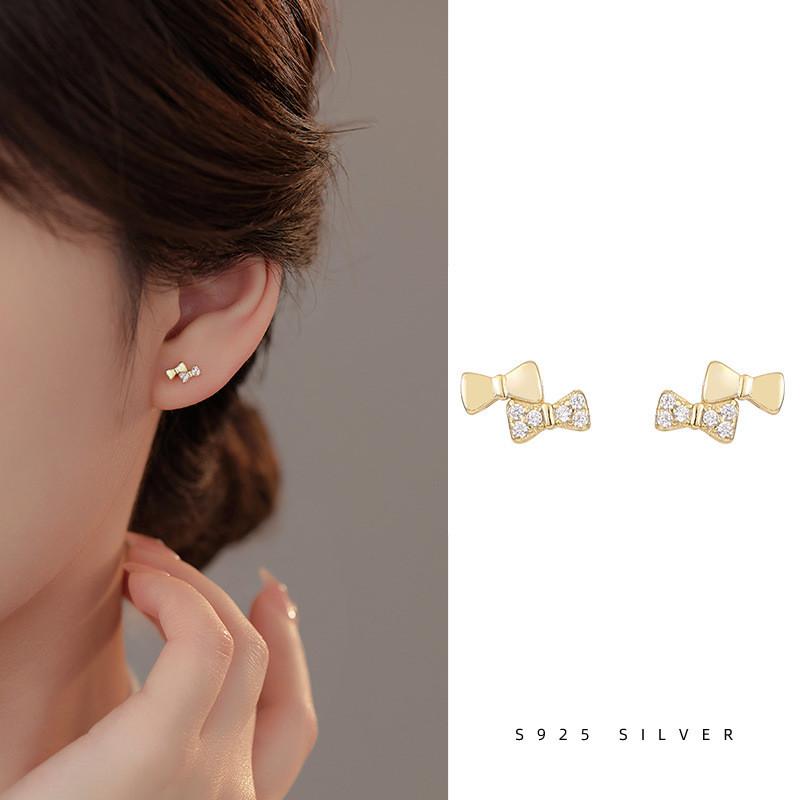 925 Sterling Silver Mini Cute Zircon Bow Earrings for Women Simple Exquisite Student Ear Accessories