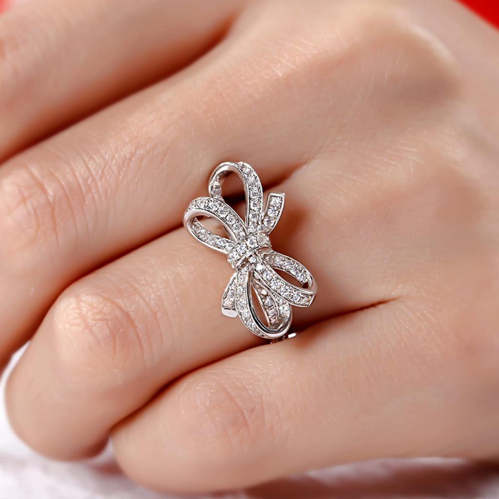 Jeulia Silver Bowknot Ring with Diamond and CZ Sparkling and Perfect for and Fashion Women's Engagement, Cute, Birthdays, Parties,