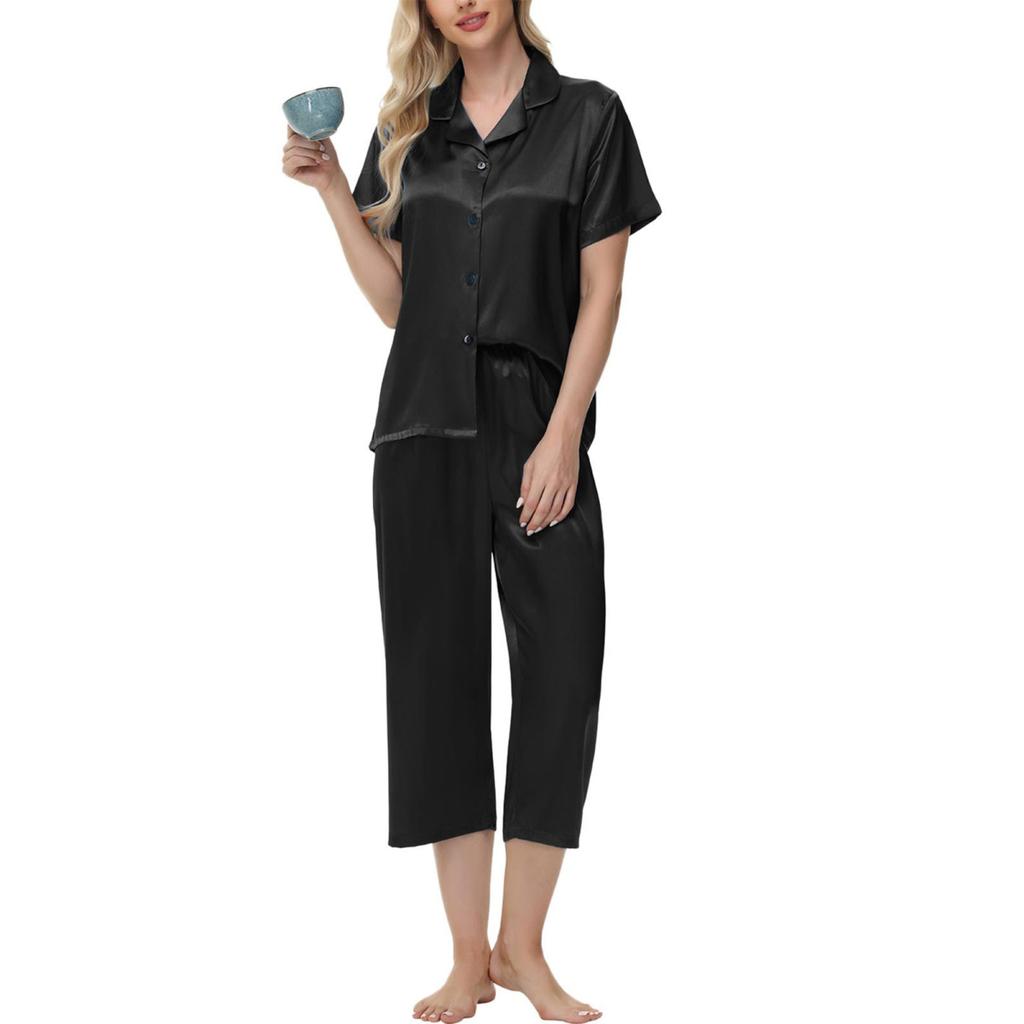2 шт./комплект пижамы Ice Silk, рубашка с длинным рукавом и застежкой на пуговицы, эластичный пояс, широкие укороченные брюки, домашняя одежда, повседневный наряд, весенняя одежда для сна