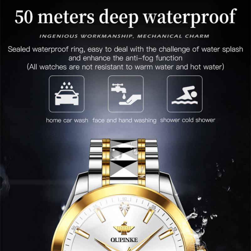 OUPINKE Новые мужские часы для бизнеса и отдыха, автоматические механические часы с двойным календарем, водонепроницаемые высококачественные часы с бриллиантами