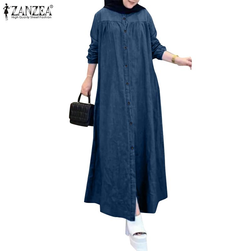 ZANZEA Женское повседневное платье с круглым вырезом и длинным рукавом из синего денима