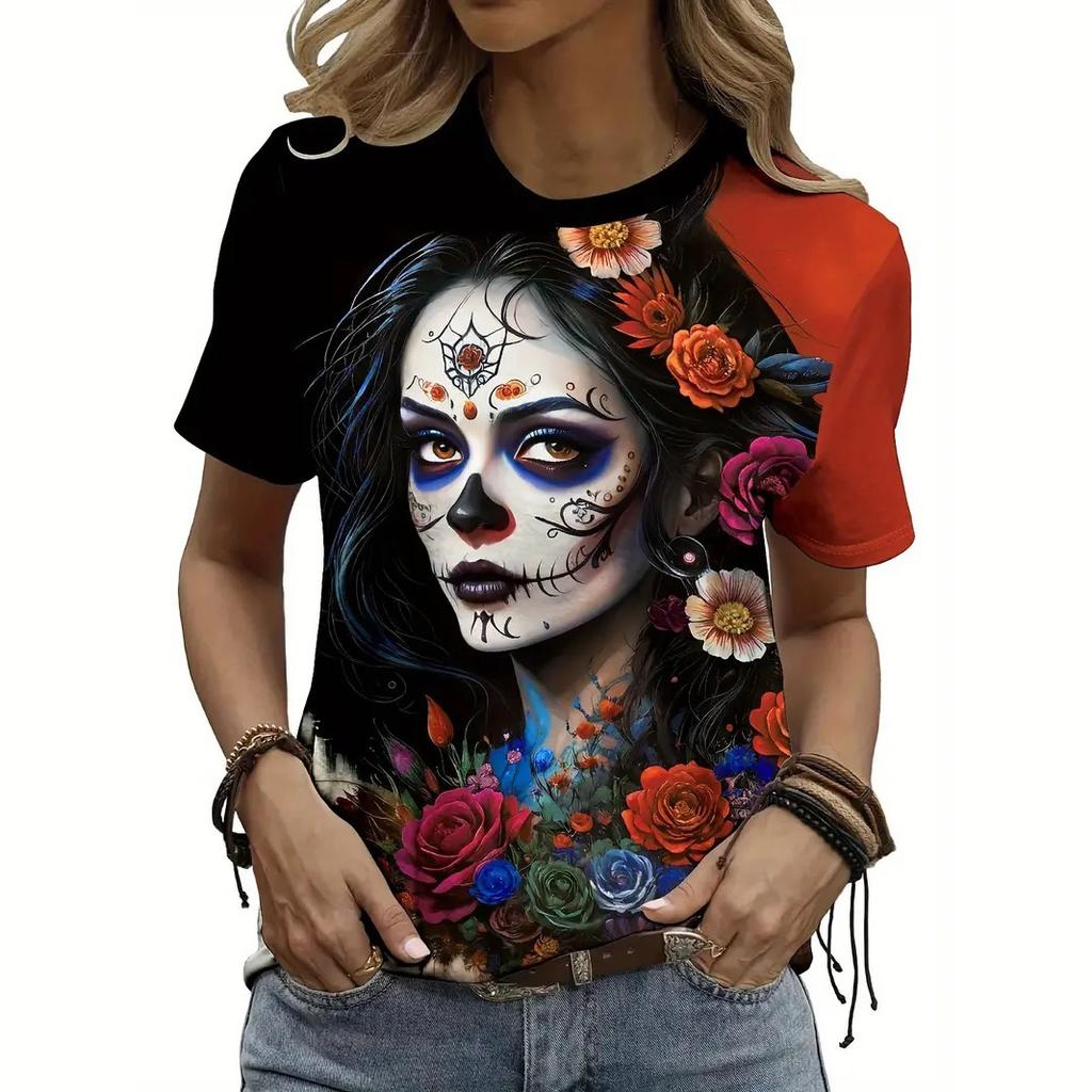 Женская повседневная футболка с принтом скелета, топ с круглым вырезом, летняя футболка с коротким рукавом, женская свободная одежда, модный уличный пуловер