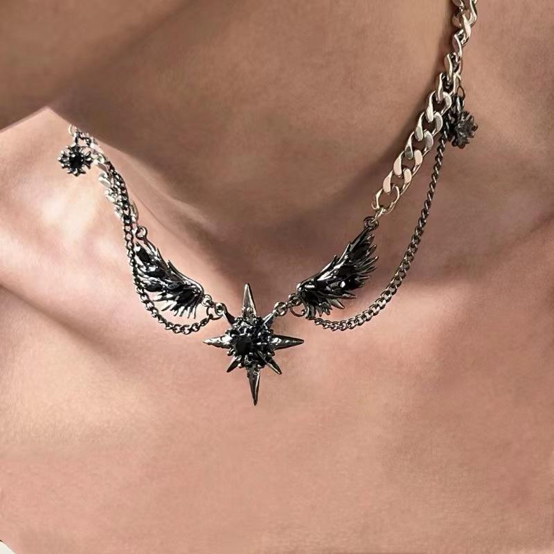 Gothic Demon Wings Black Heart Pendant Necklace For Women Unique Copper Color Star Neck Chain Halloween Zircon Gifts
