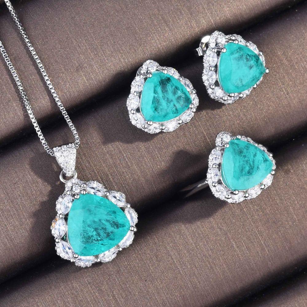 Women Jewelry Set Imitation Paraiba Necklace Light Green Diamond Ring Earrings Triangle Set