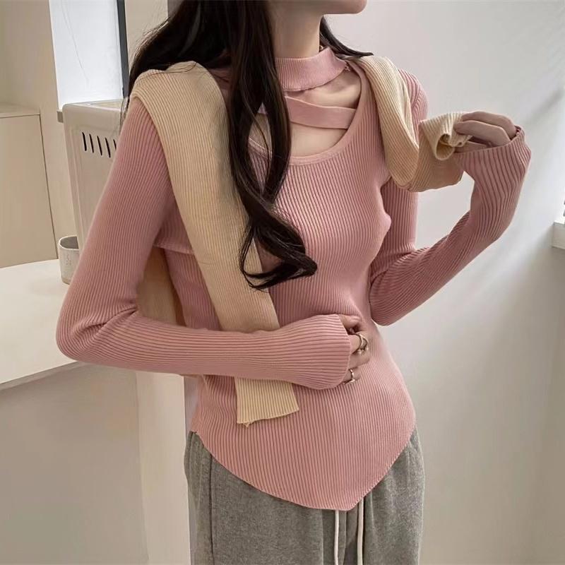 Осень и зима Приталенный свитер с круглым вырезом и висячей горловиной, вязаный свитер, женский асимметричный топ с длинными рукавами