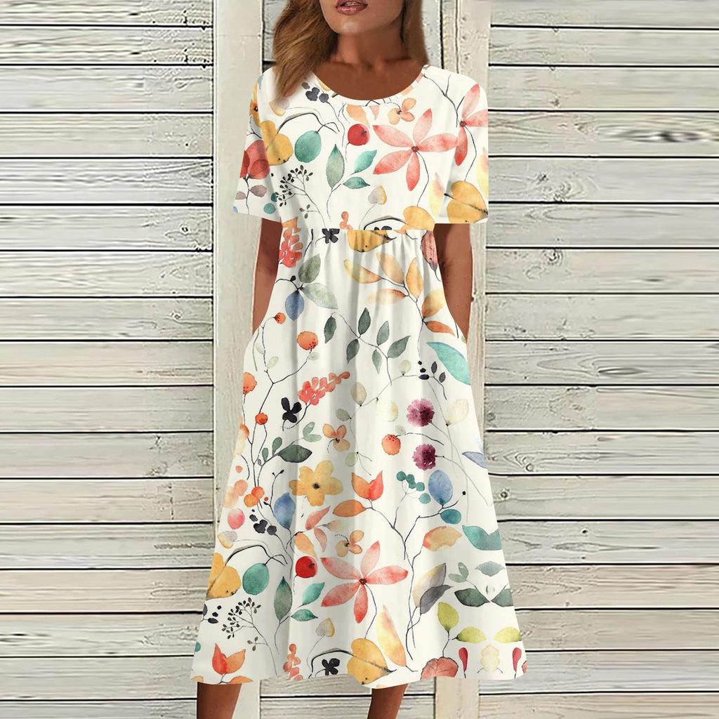 Женское струящееся платье миди в стиле бохо с цветочным принтом, повседневное свободное летнее платье с коротким рукавом для пляжного отдыха и карманами