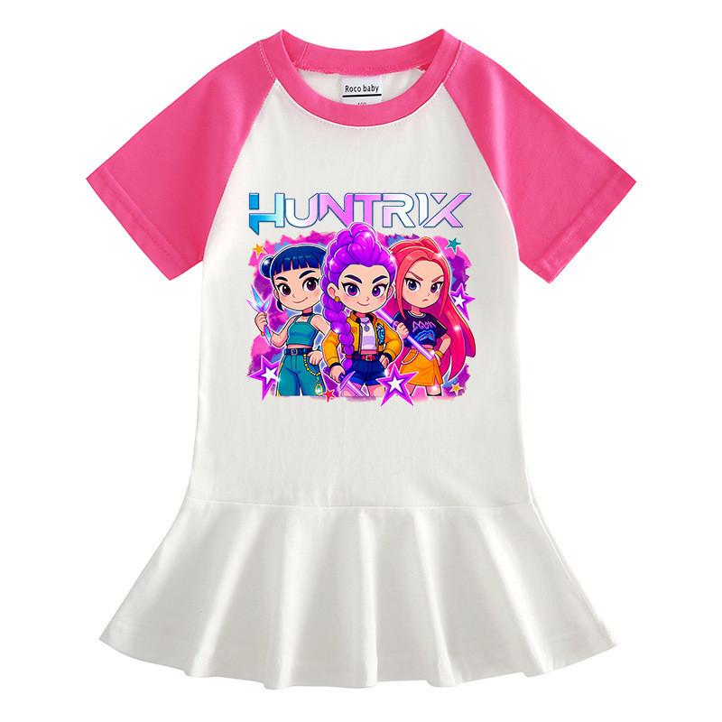 Girls Kpop Rumi Mira Zoey Hunters Print Raglan Ruffle Pleat Dress