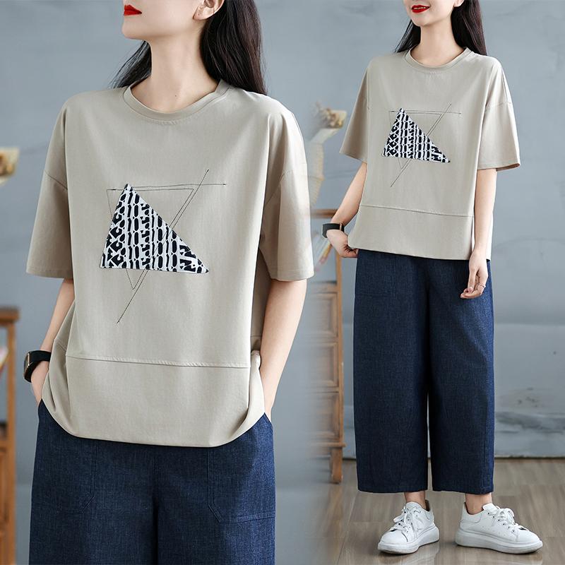 DIMANAF 2025 Новая летняя женская футболка больших размеров с круглым вырезом, коротким рукавом, свободного кроя, базовая, повседневная, с принтом