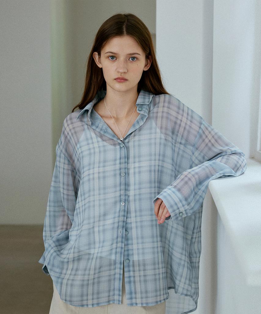 LOEIL Chiffon Oversized Check Shirt - Blue
