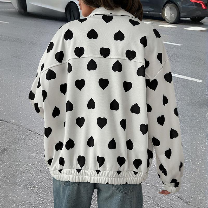 New Street Casual Sweet Style Zipper Lapel Heart-shaped Jacket for Women's Spring and Autumn