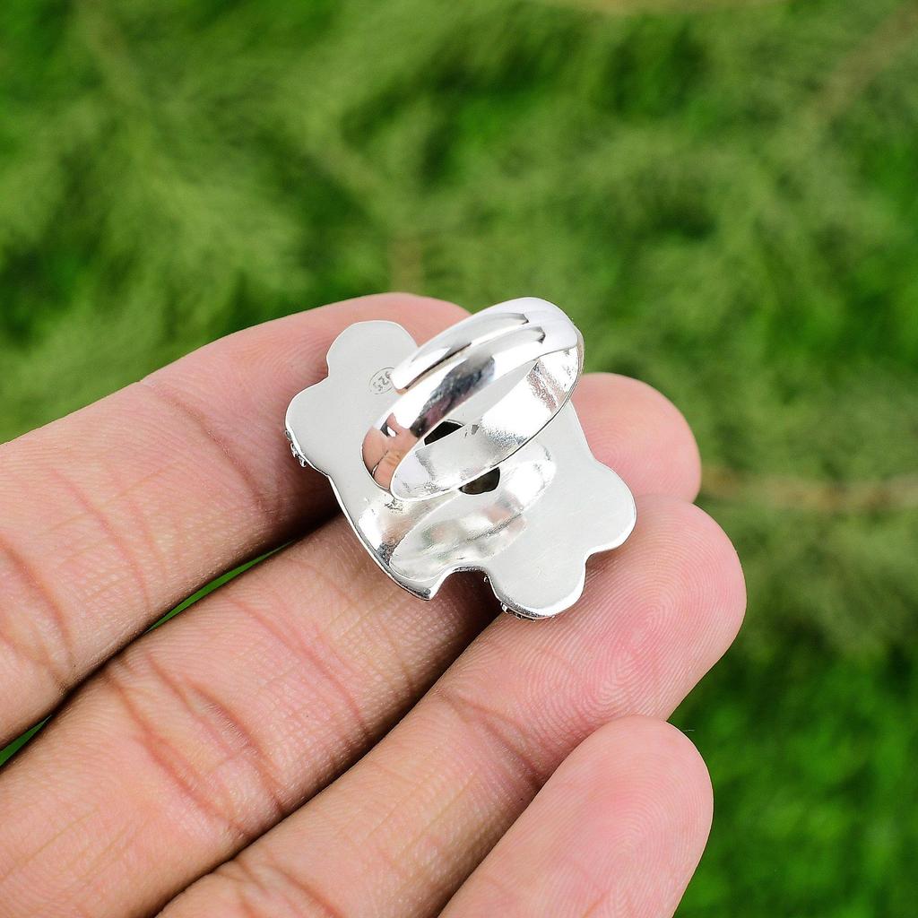 Natural Turritella Agate Promise Flower Adjustable Ring 925 Silver For Women