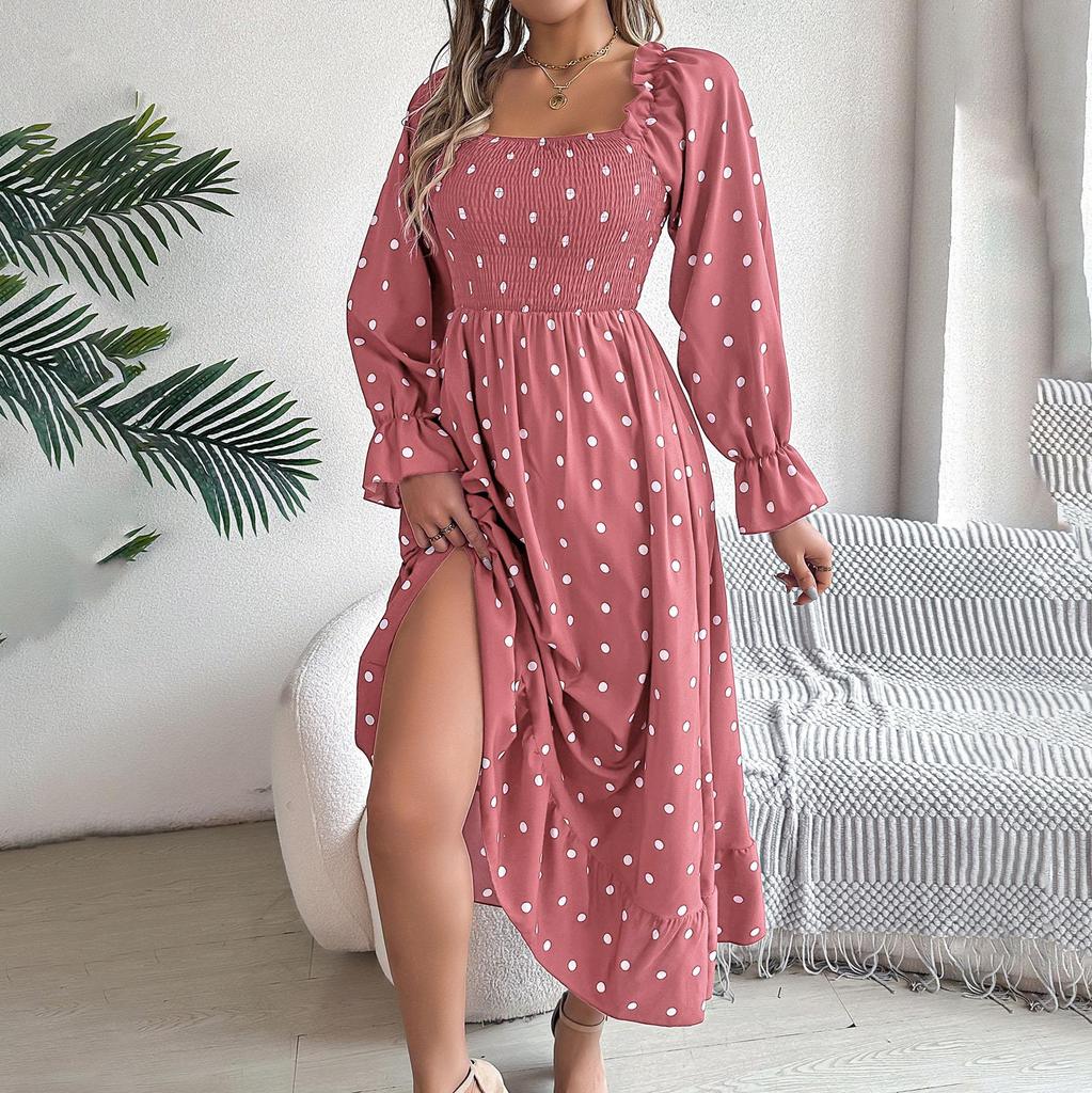 Женское осенне-зимнее темпераментное однотонное плиссированное платье в горошек с высокой талией и длинными рукавами