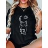 Casual Loose T Shirt Black Cat And Paw Print Design For Women Daily Wear Home Comfortable Fashion Top