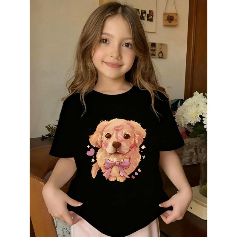 European sizes Cute Golden Retriever Paw Print Pattern Design. Short-Sleeve Round-Neck Girls' T-Shirt, Available in Black And White