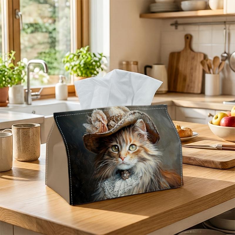 1pc Tissue Box Holder Featuring an Oil Painting of a Cat in a Hat from The Victorian Era, Made of Durable Polyester, Perfect for The Kitchen, Living R